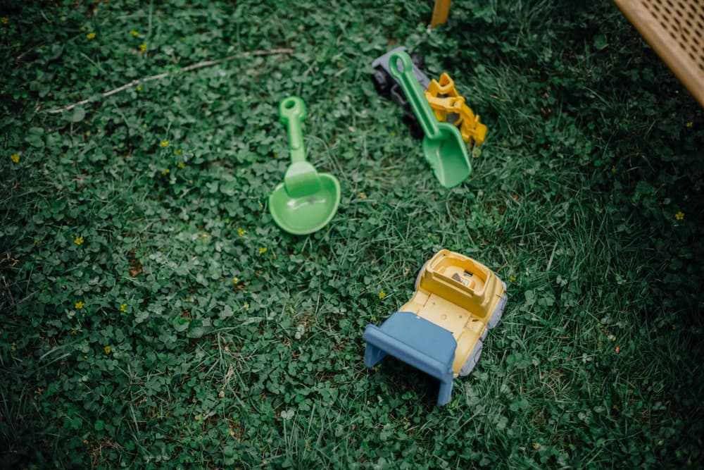 backyard with toys on the grass.